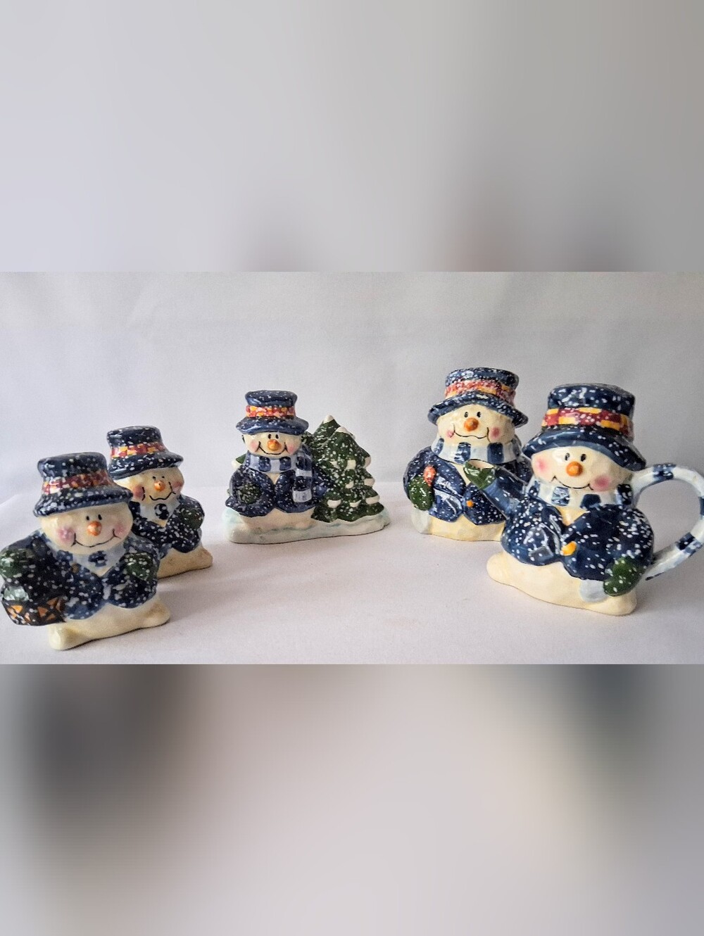 1970s Blue/White Speckled Ceramic Table Set - Snowmen Themed